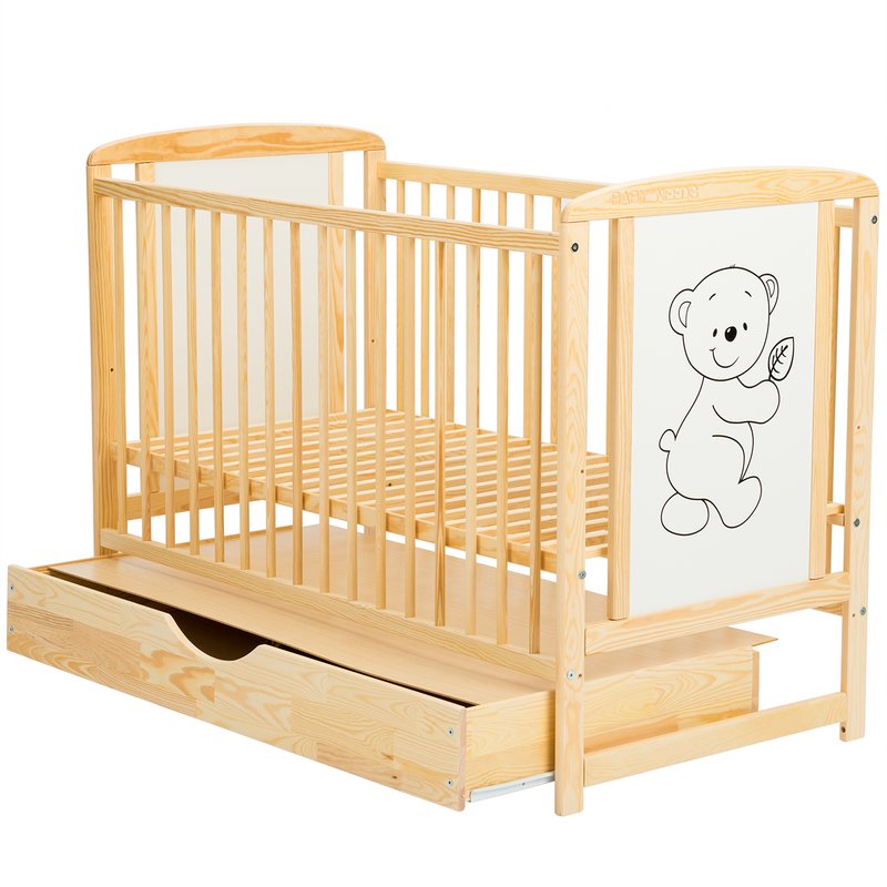 BabyNeeds Patut din lemn Timmi 120x60 cm cu sertar Natur + Saltea 9 cm image 4