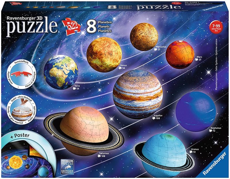 Puzzle 3D Sistemul Solar, 27/54/72/108 Piese