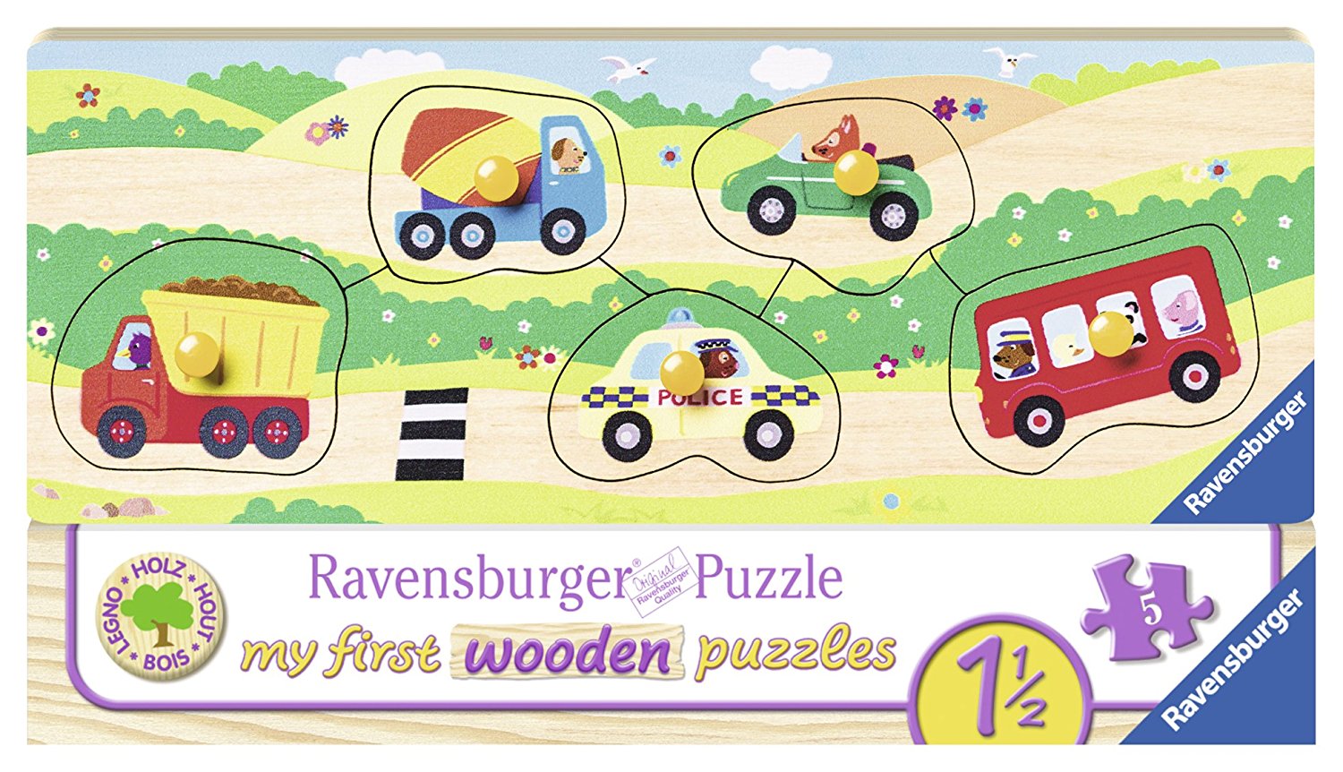 Puzzle Din Lemn Cu Vehicule, 5 Piese