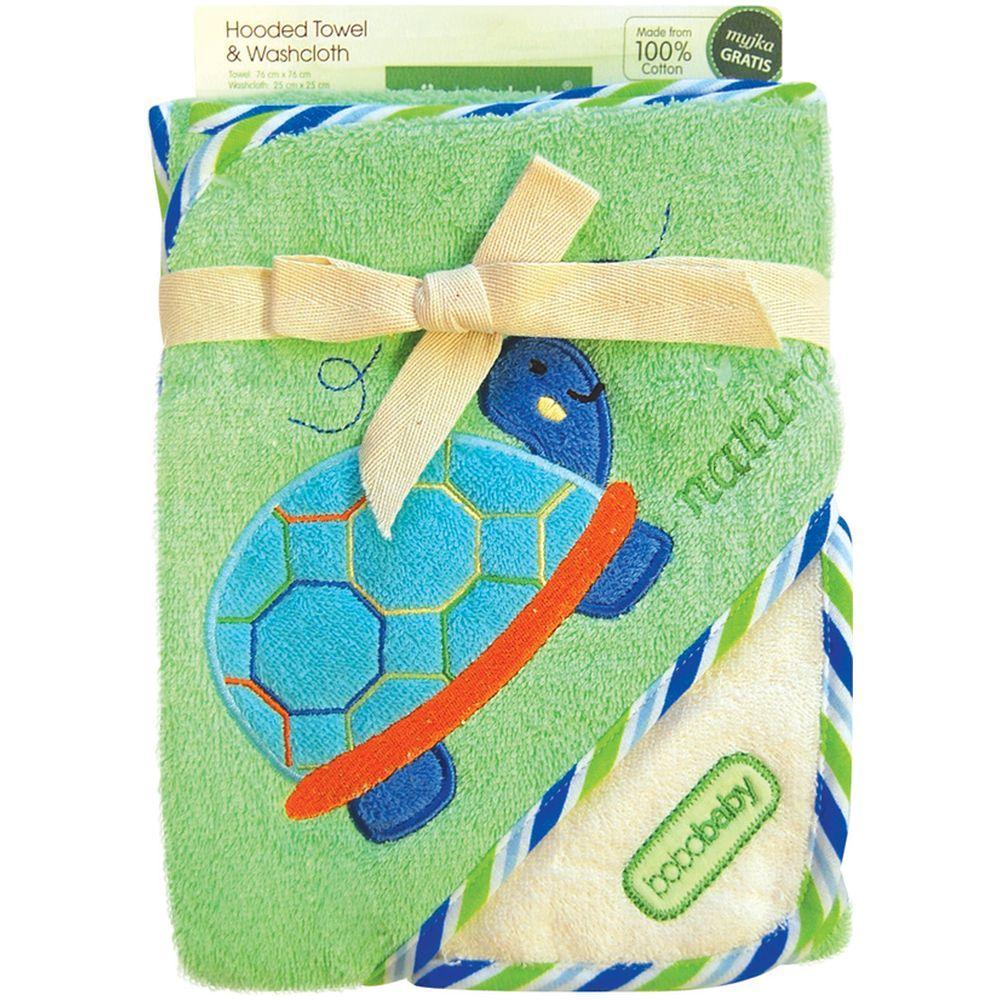 Prosop de baie 76x76 cm cu prosop mic 25x25 cm - Bobobaby - Broasca Verde