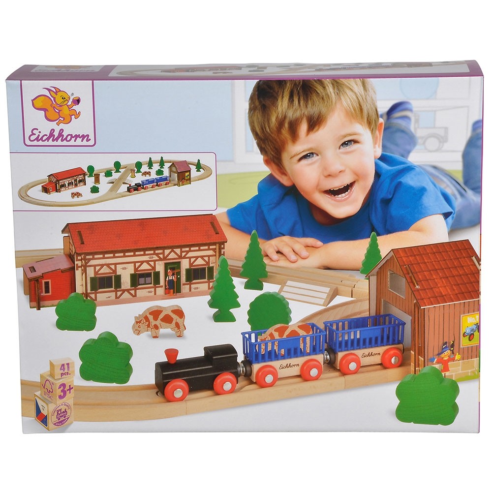 Set din lemn Eichhorn Tren Farm cu sina in forma ovala cu accesorii image 1