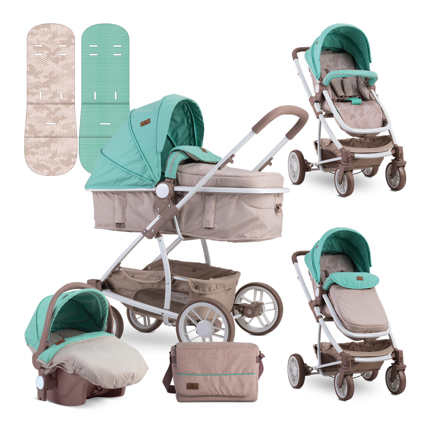 Carucior transformabil 3 in 1, S 500, cos auto inclus, Beige & Green Dots