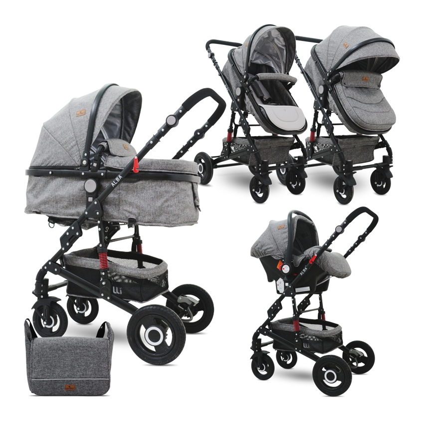 Carucior transformabil 3 in 1, Alba, cos auto inclus, roti cauciuc, Dark Grey