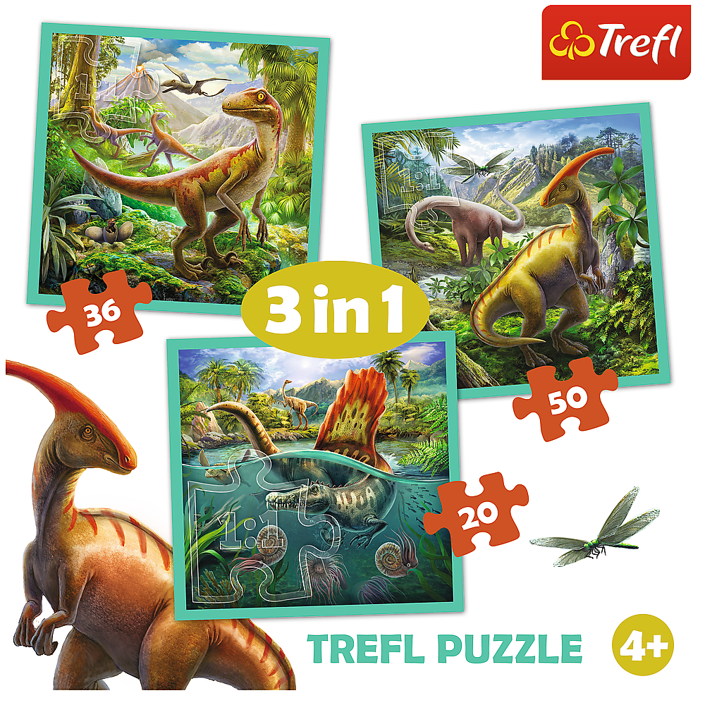 Set puzzle 3 in 1 Trefl Lumea extraordinara a dinozaurilor, 1x20 piese, 1x36 piese, 1x50 piese image 4