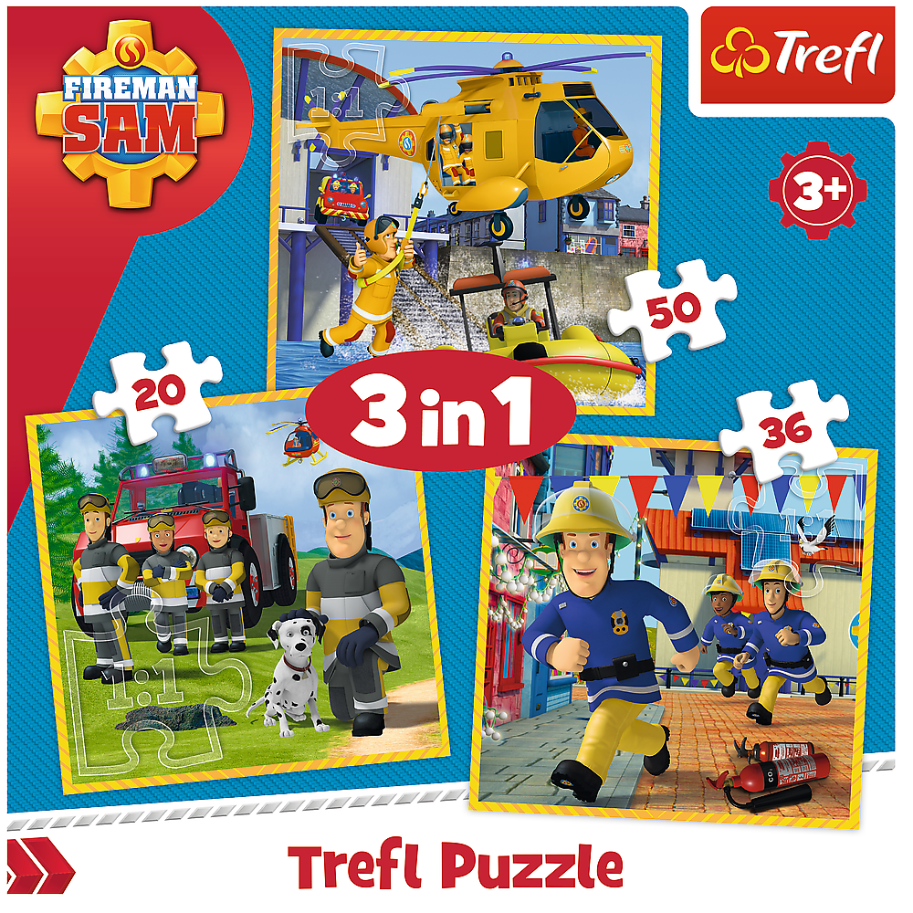 Set puzzle 3 in 1 Trefl Fireman Sam, Pompierul Sam in actiune, 1x20 piese, 1x36 piese, 1x50 piese image 4