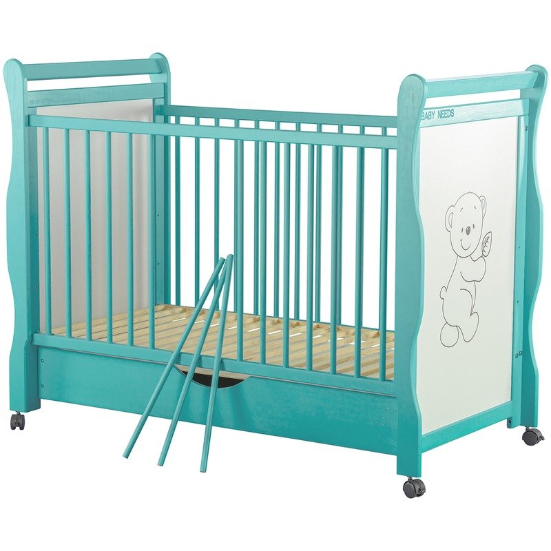 BabyNeeds - Patut din lemn Jas Ursulet 120x60 cm, cu sertar, Mint