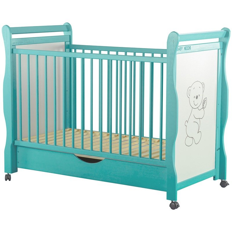 BabyNeeds - Patut din lemn Jas Ursulet 120x60 cm, cu sertar, Mint image 2