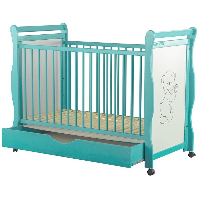 BabyNeeds - Patut din lemn Jas Ursulet 120x60 cm, cu sertar, Mint image 4