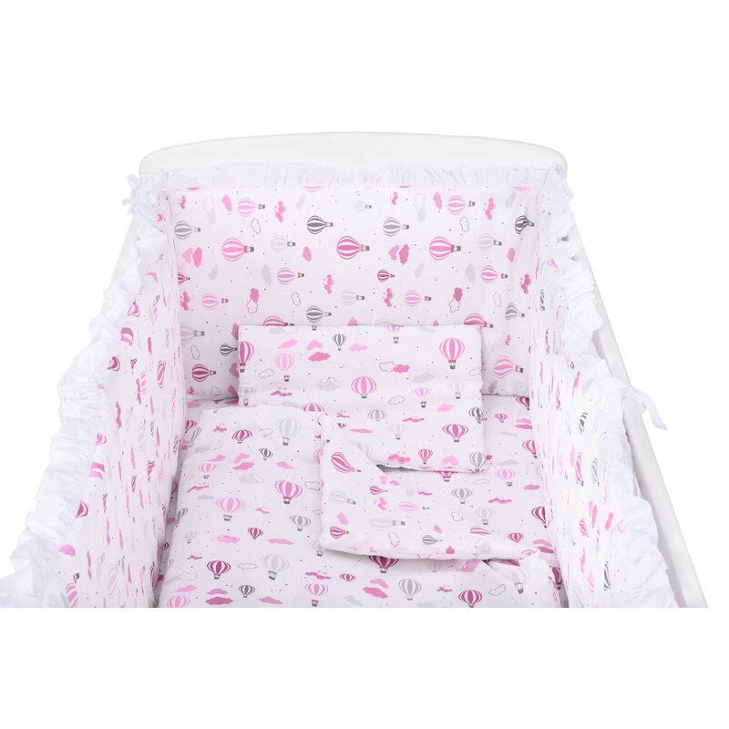 BabyNeeds - Lenjerie patut 5 piese, 120x60 cm, cu volanas, Baloane, Roz