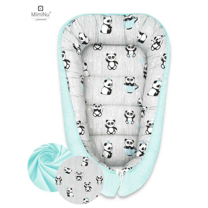 MimiNu - Cosulet bebelus pentru dormit, Baby Cocoon 90x50 cm, Panda Happy Day/Mint