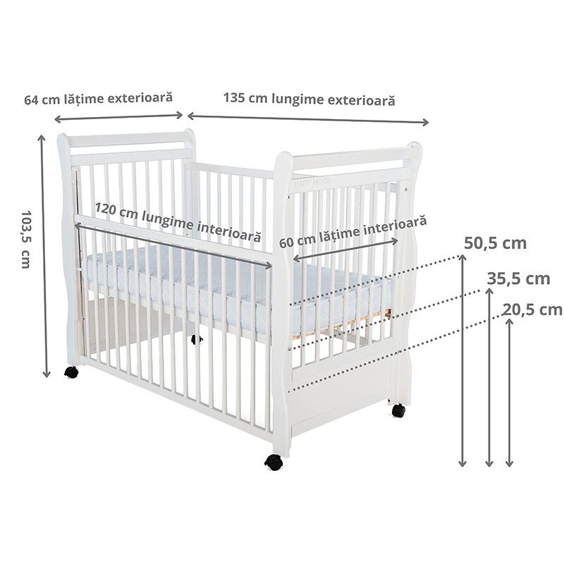 BabyNeeds - Patut din lemn Jas 120x60 cm, cu laterala culisanta si roti, Alb image 3