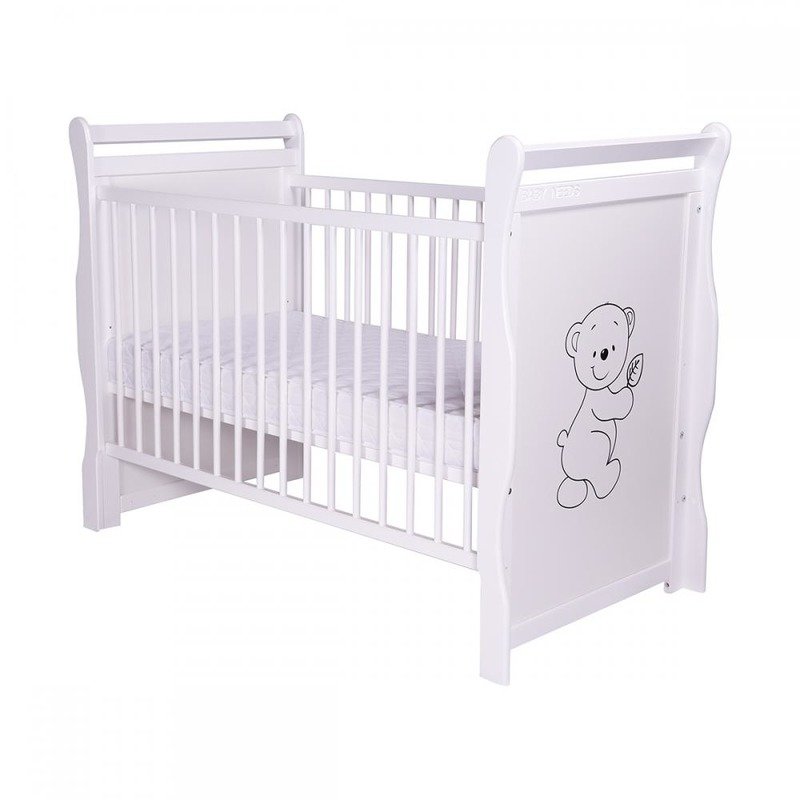 BabyNeeds - Patut din lemn Jas Ursulet 120x60 cm, cu roti, Alb