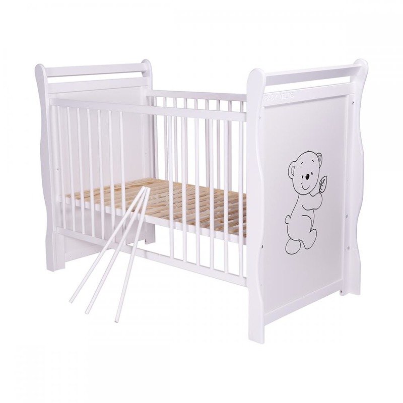 BabyNeeds - Patut din lemn Jas Ursulet 120x60 cm, cu roti, Alb image 2