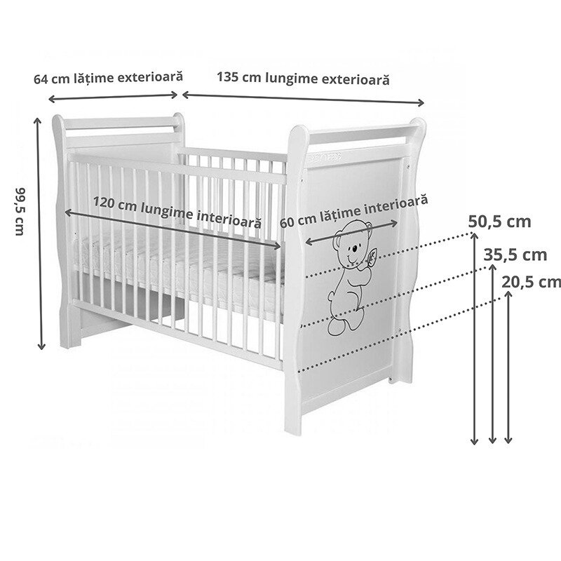 BabyNeeds - Patut din lemn Jas Ursulet 120x60 cm, cu roti, Alb image 3