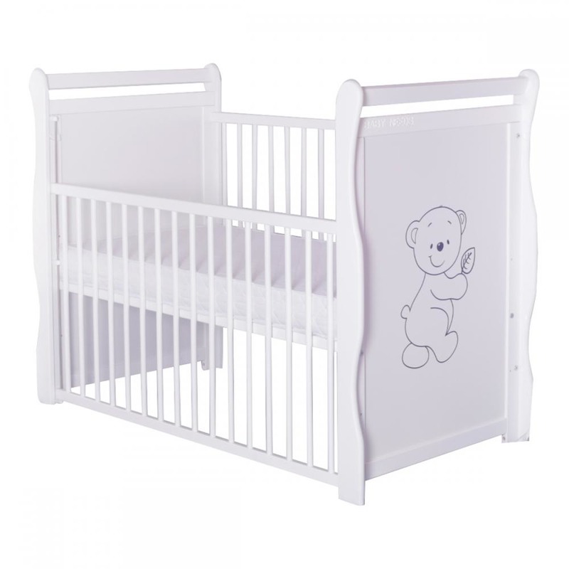 BabyNeeds - Patut din lemn Jas Ursulet 120x60 cm, cu laterala culisanta si roti, Alb