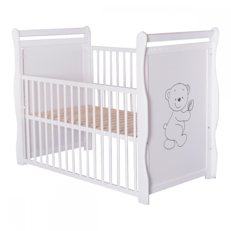 BabyNeeds - Patut din lemn Jas Ursulet 120x60 cm, cu laterala culisanta si roti, Alb image 6