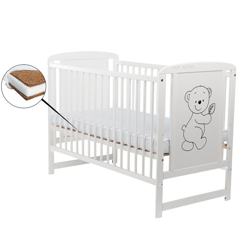 BabyNeeds - Patut din lemn Timmi 120x60 cm, Alb + Saltea 10 cm