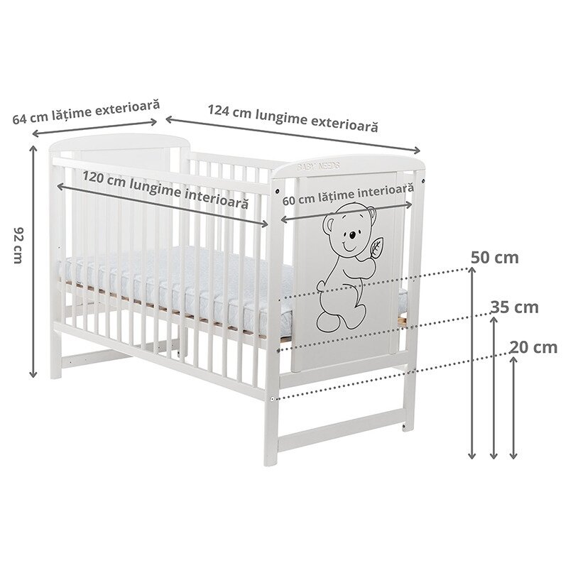 BabyNeeds - Patut din lemn Timmi 120x60 cm, Alb + Saltea 10 cm image 3