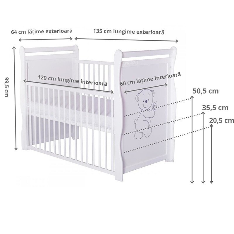 BabyNeeds - Patut din lemn Jas Ursulet 120x60 cm, cu laterala culisanta si roti, Alb + Saltea 10 cm image 6