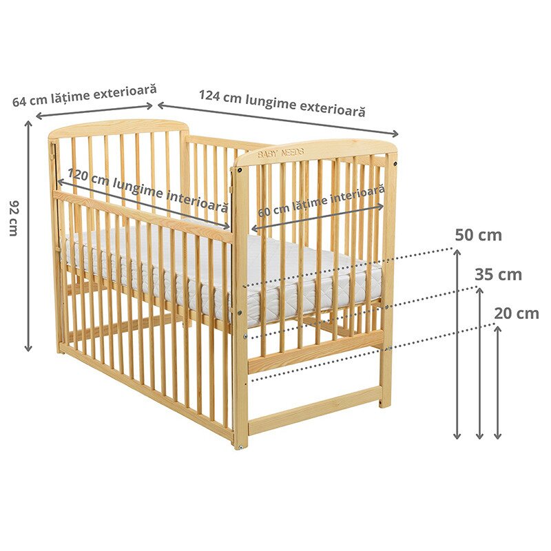 BabyNeeds - Patut din lemn Ola 120x60 cm, cu laterala culisanta, Natur image 3