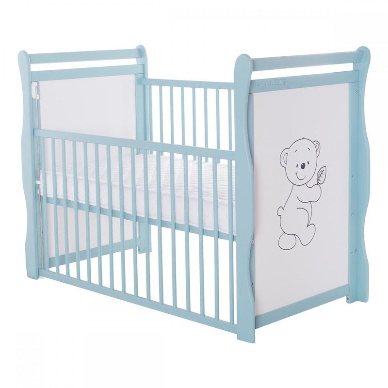 BabyNeeds - Patut din lemn Jas Ursulet 120x60 cm, cu laterala culisanta si roti, Mint