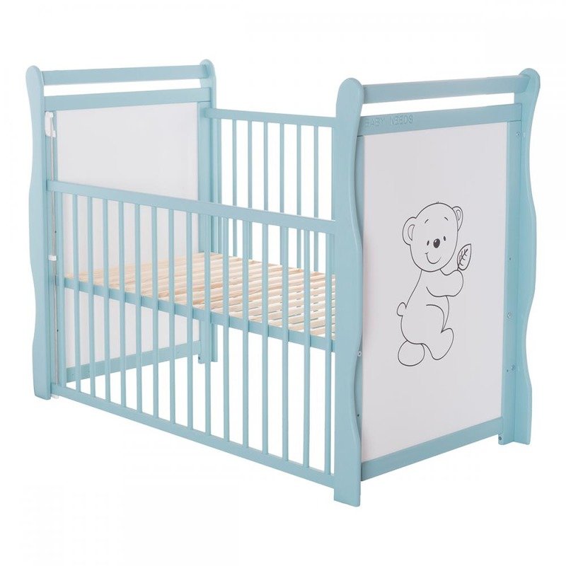 BabyNeeds - Patut din lemn Jas Ursulet 120x60 cm, cu laterala culisanta si roti, Mint image 4