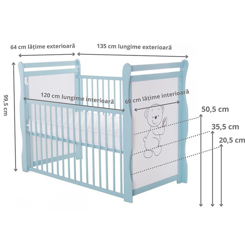 BabyNeeds - Patut din lemn Jas Ursulet 120x60 cm, cu laterala culisanta si roti, Mint image 5