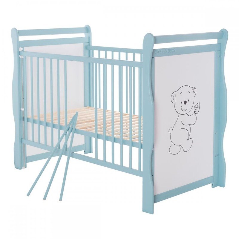 BabyNeeds - Patut din lemn Jas Ursulet 120x60 cm, cu laterala culisanta si roti, Mint image 7