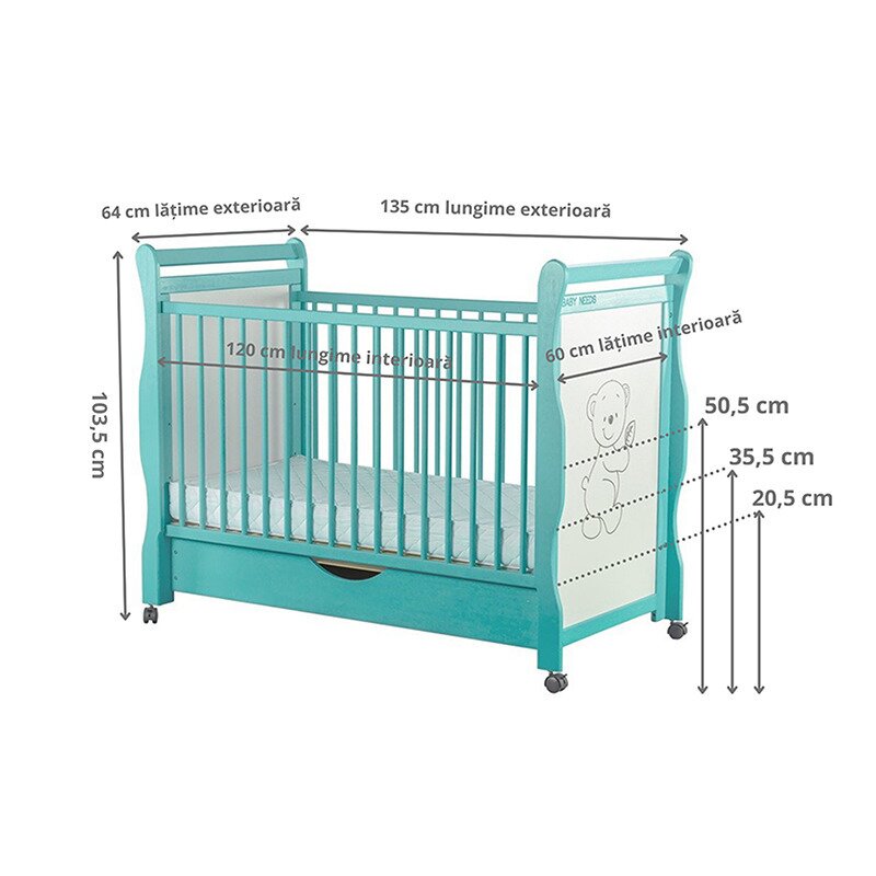 BabyNeeds - Patut din lemn Jas Ursulet 120x60 cm, cu sertar si roti, Mint + Saltea 10 cm image 4