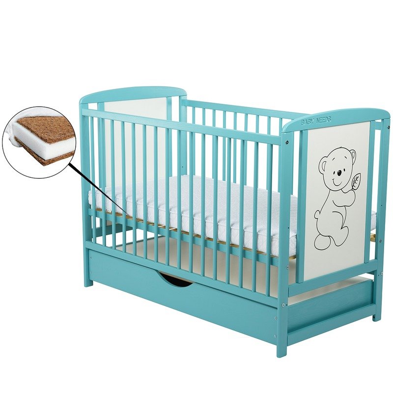 BabyNeeds - Patut din lemn Timmi 120x60 cm, cu sertar Mint + Saltea 10 cm image 1