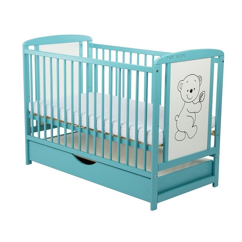 BabyNeeds - Patut din lemn Timmi 120x60 cm, cu sertar Mint + Saltea 10 cm image 2