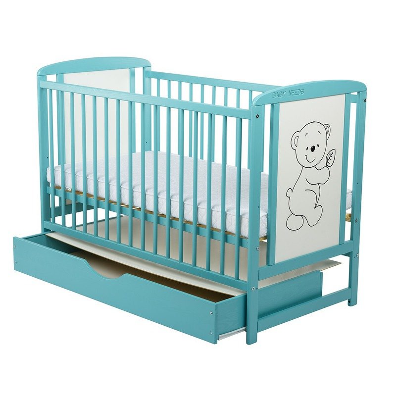 BabyNeeds - Patut din lemn Timmi 120x60 cm, cu sertar Mint + Saltea 10 cm image 4