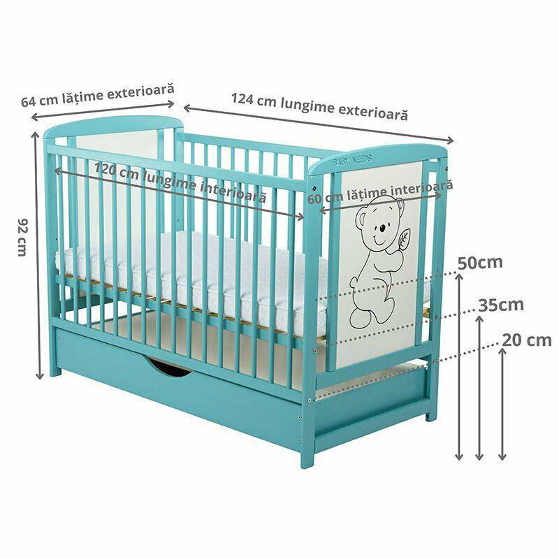 BabyNeeds - Patut din lemn Timmi 120x60 cm, cu sertar Mint + Saltea 10 cm image 8