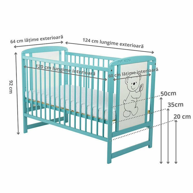 BabyNeeds - Patut din lemn Timmi 120x60 cm, cu laterala culisanta, Mint + Saltea 10 cm image 7