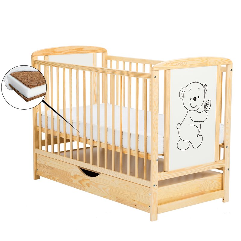 BabyNeeds - Patut din lemn Timmi 120x60 cm, cu sertar, Natur + Saltea 10 cm