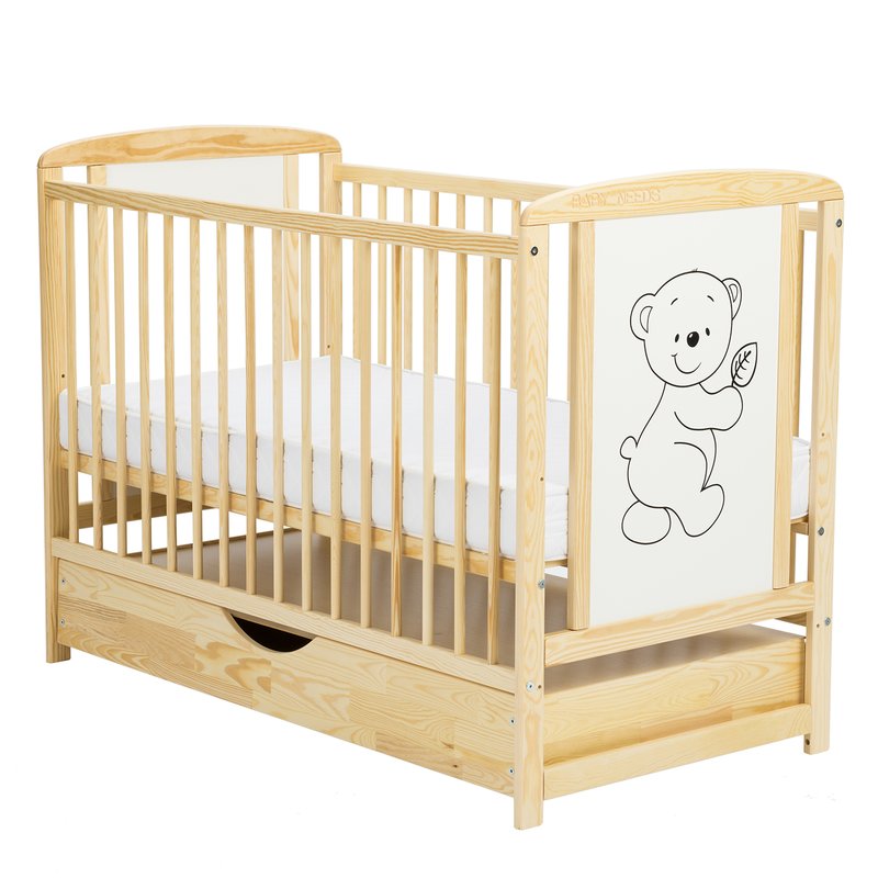 BabyNeeds - Patut din lemn Timmi 120x60 cm, cu sertar, Natur + Saltea 10 cm image 2