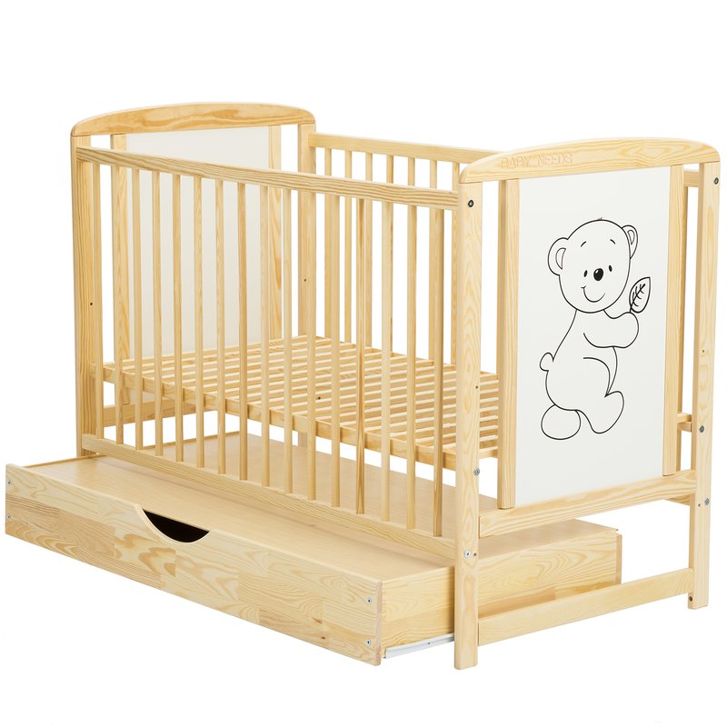 BabyNeeds - Patut din lemn Timmi 120x60 cm, cu sertar, Natur + Saltea 10 cm image 5