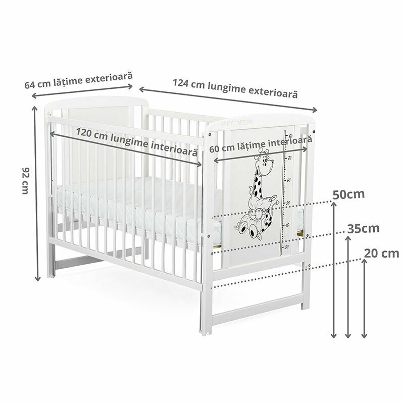 BabyNeeds - Patut din lemn Timmi Girafa 120x60 cm, cu laterala culisanta, Alb image 7