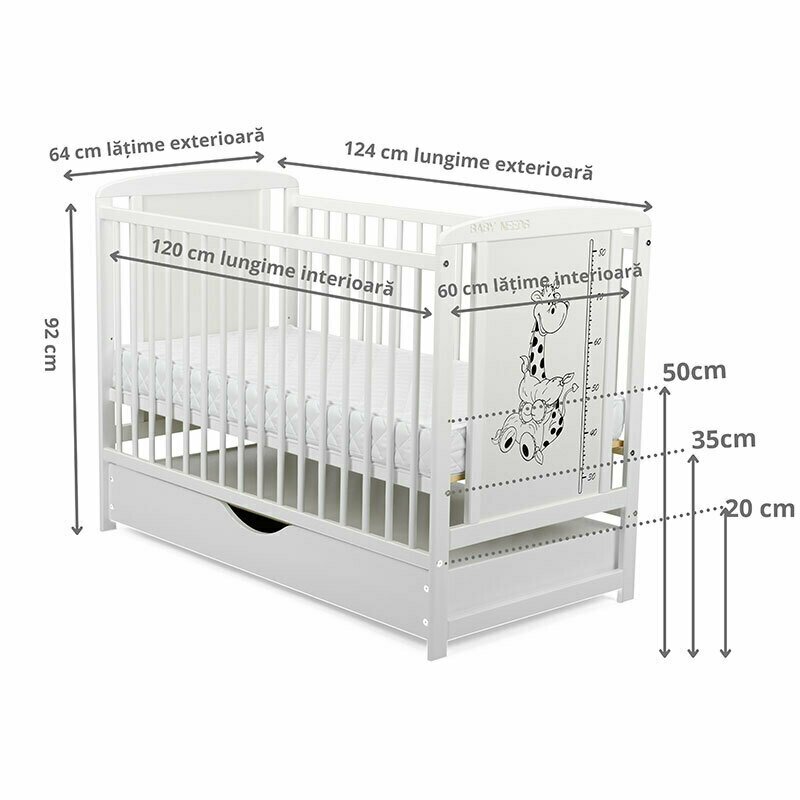 BabyNeeds - Patut din lemn Timmi Girafa 120x60 cm, cu sertar, Alb image 3