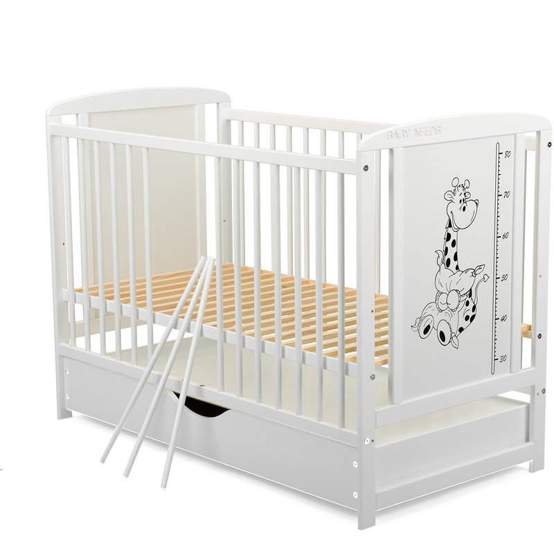 BabyNeeds - Patut din lemn Timmi Girafa 120x60 cm, cu sertar, Alb + Saltea 10 cm image 3