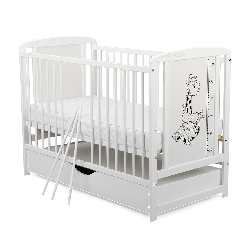 BabyNeeds - Patut din lemn Timmi Girafa 120x60 cm, cu sertar, Alb + Saltea 10 cm image 4