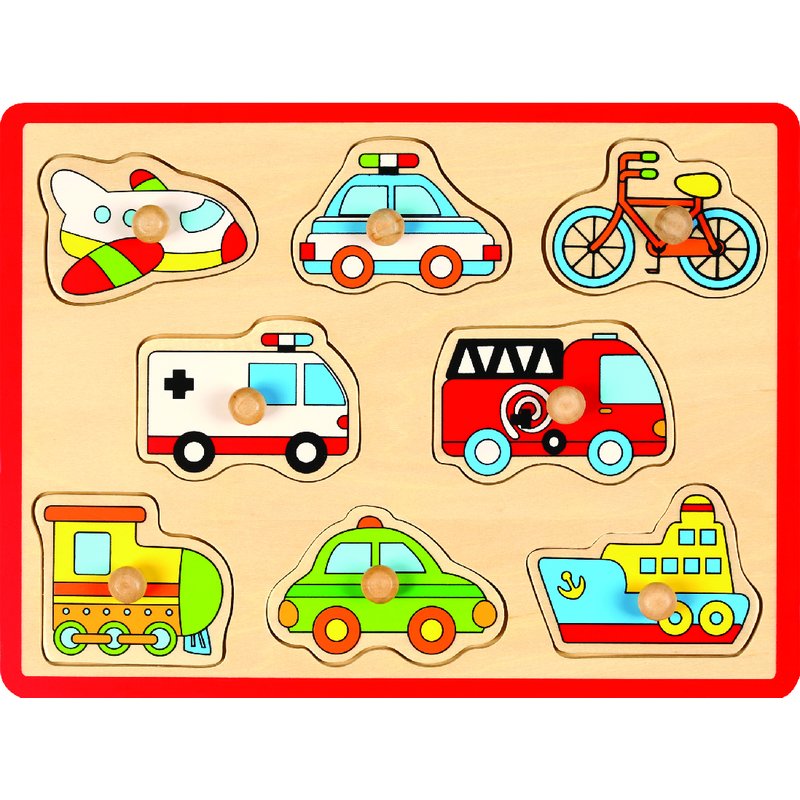 Joueco - Puzzle din lemn Mijloace de transport, 8 piese