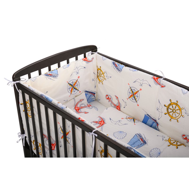 BabyNeeds - Lenjerie patut 5 piese, Cu doua protectii laterale, Pernuta, Plapumioara, Cearceaf, Din bumbac, Pentru patut 120x60 cm, Calatorie pe mare, Alb cu albastru image 1