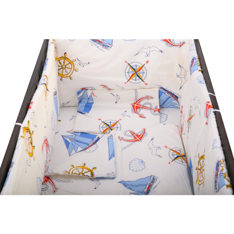 BabyNeeds - Lenjerie patut 5 piese, Cu doua protectii laterale, Pernuta, Plapumioara, Cearceaf, Din bumbac, Pentru patut 120x60 cm, Calatorie pe mare, Alb cu albastru image 2