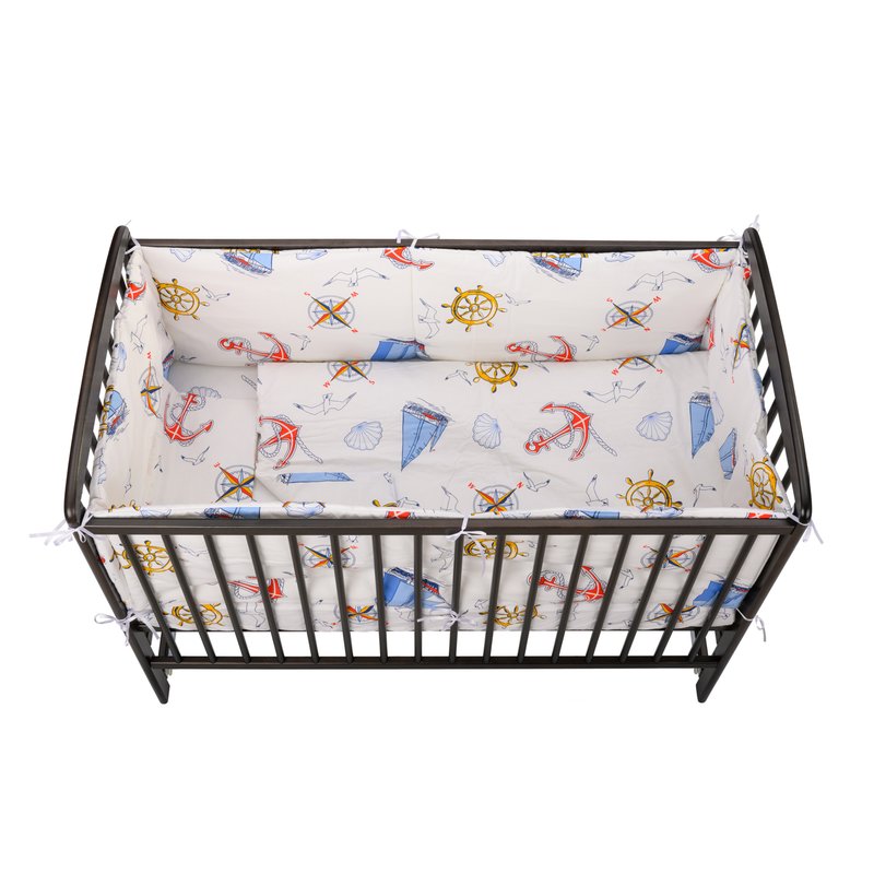 BabyNeeds - Lenjerie patut 5 piese, Cu doua protectii laterale, Pernuta, Plapumioara, Cearceaf, Din bumbac, Pentru patut 120x60 cm, Calatorie pe mare, Alb cu albastru image 3