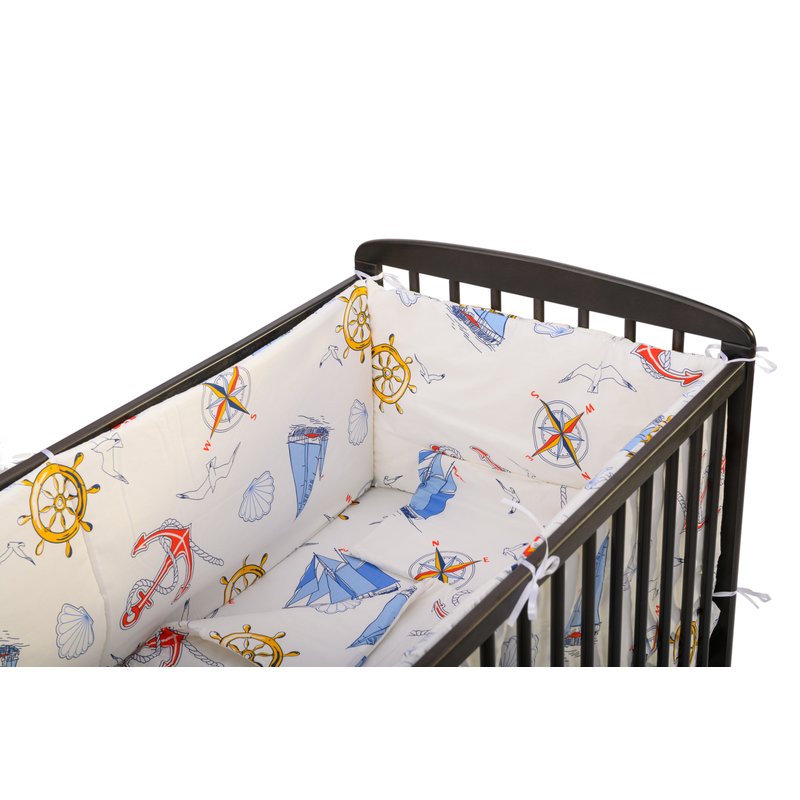 BabyNeeds - Lenjerie patut 5 piese, Cu doua protectii laterale, Pernuta, Plapumioara, Cearceaf, Din bumbac, Pentru patut 120x60 cm, Calatorie pe mare, Alb cu albastru image 4