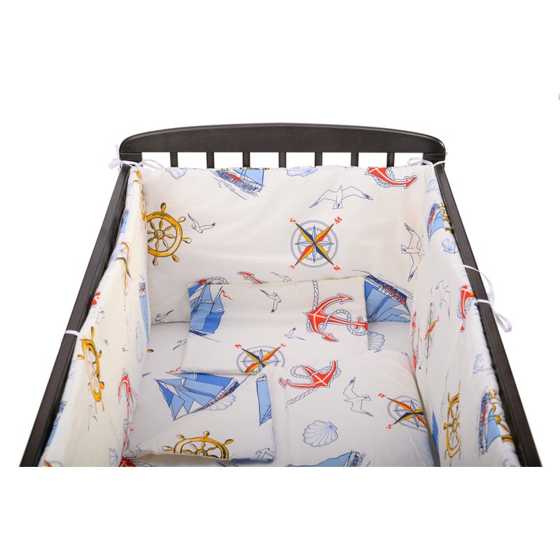 BabyNeeds - Lenjerie patut 5 piese, Cu doua protectii laterale, Pernuta, Plapumioara, Cearceaf, Din bumbac, Pentru patut 120x60 cm, Calatorie pe mare, Alb cu albastru image 5