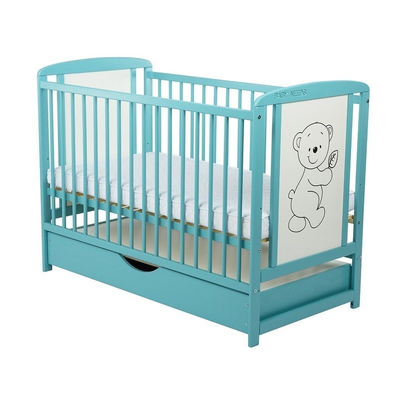 BabyNeeds - Patut din lemn Timmi 120x60 cm, cu sertar, Mint + Saltea 8 cm image 2