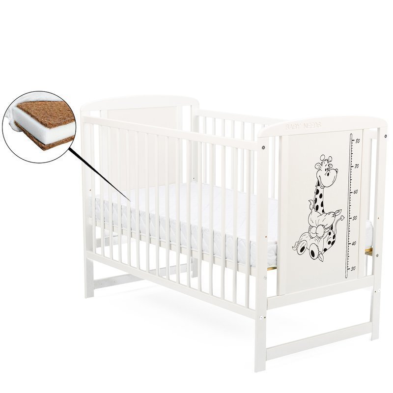 BabyNeeds - Patut din lemn Timmi Girafa 120x60 cm, Alb + Saltea 8 cm