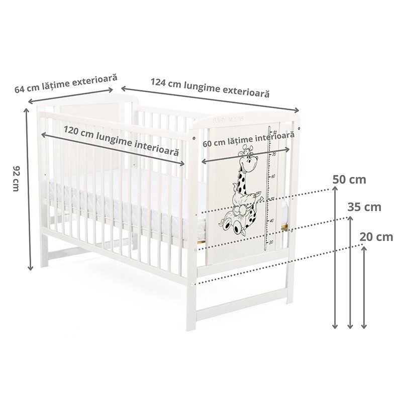 BabyNeeds - Patut din lemn Timmi Girafa 120x60 cm, Alb + Saltea 8 cm image 3